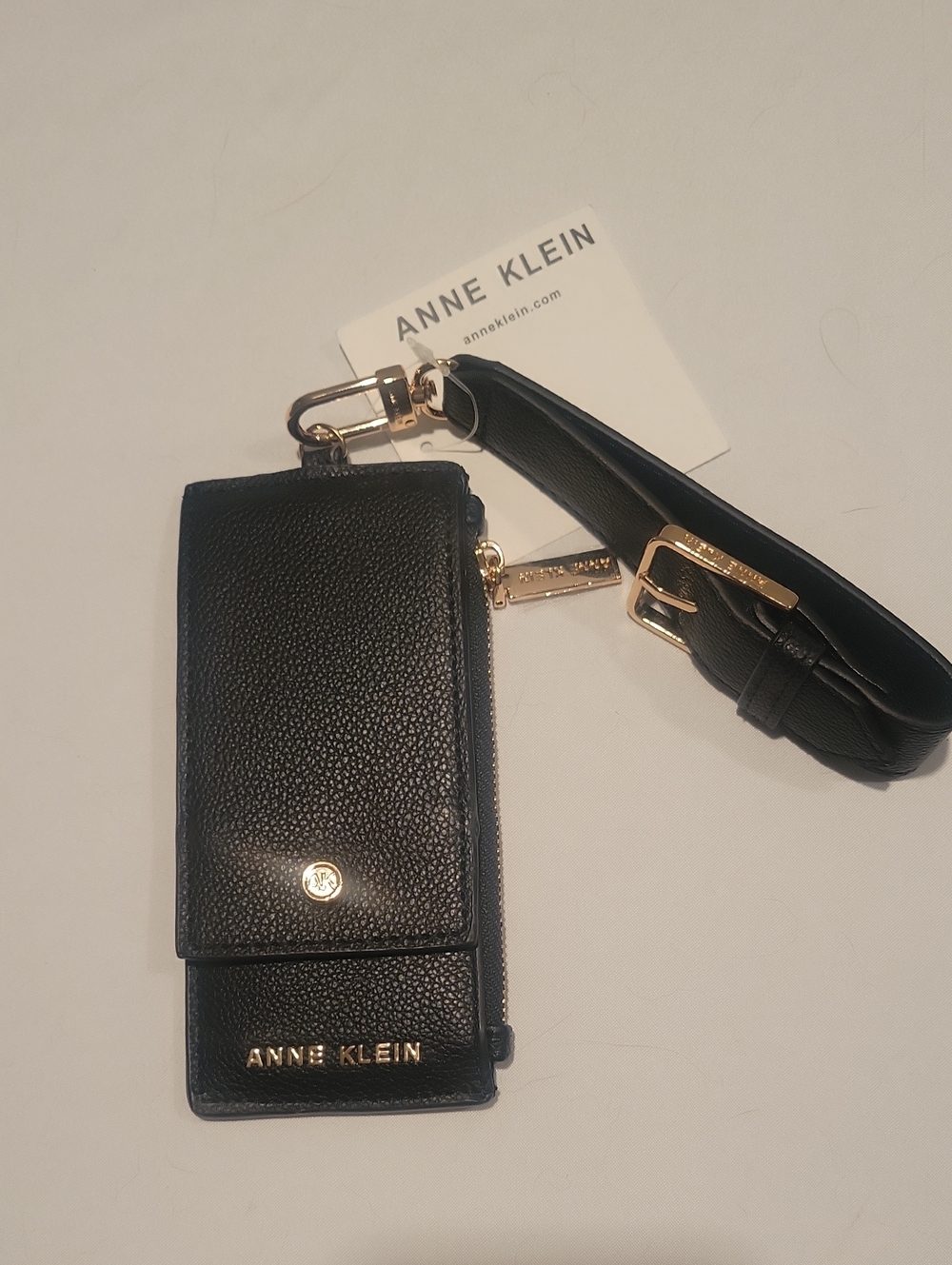 Anne Klein Black Pebbled Leather Credit Card Wristlet with Gold Hardware